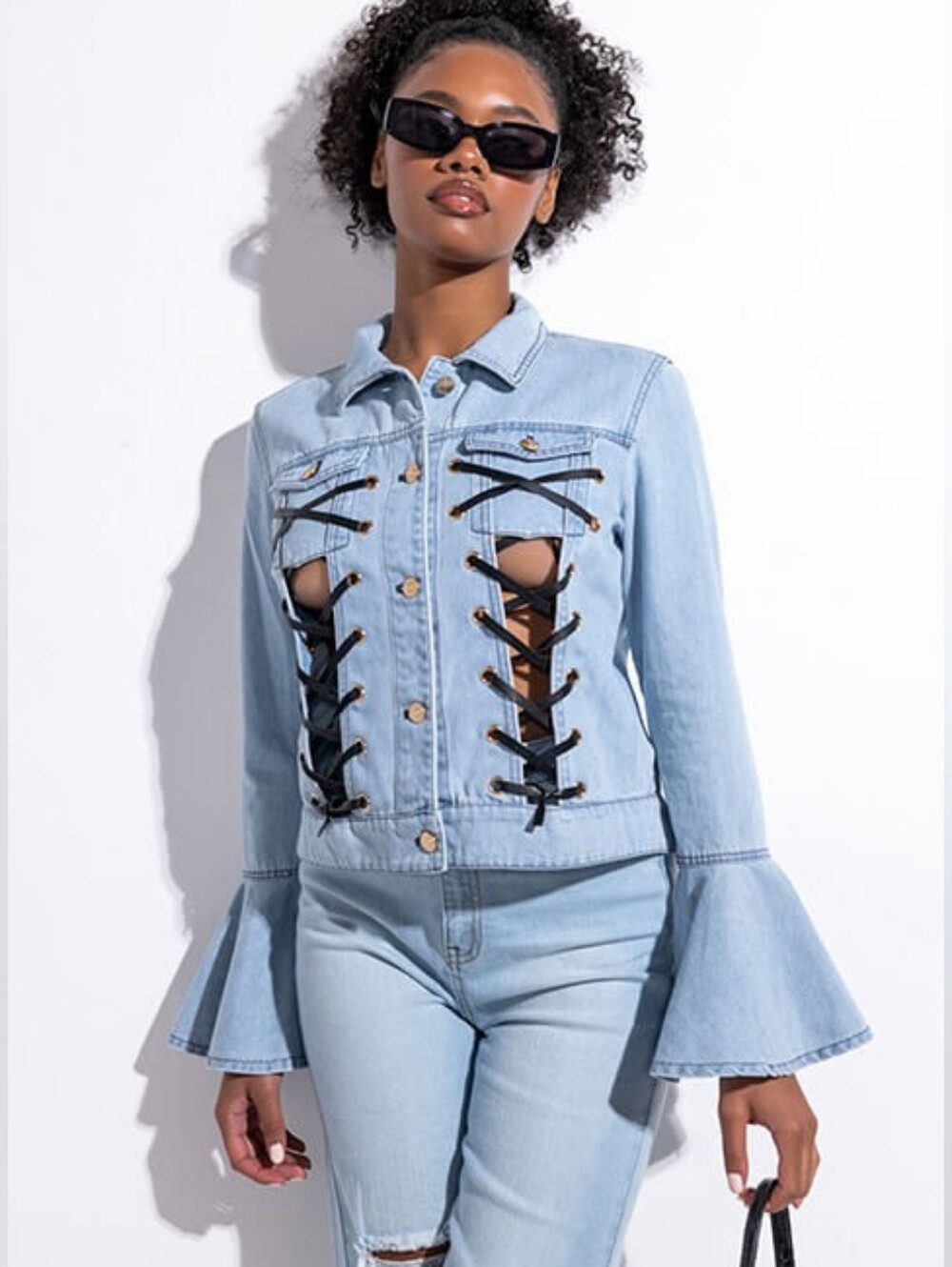 AZALEA WANG Do You Realize Lace Up Bell Sleeve Denim Jacket Small